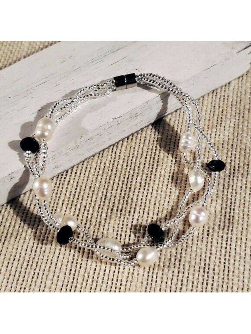 Hand Crafted Freshwater Pearl Austrian Crystal White Black Twist Bracelet